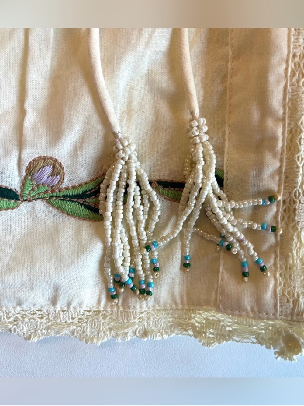Cream Floral-Embroidered Peasant Blouse with Drawstring NWOT - Picture 3 of 6
